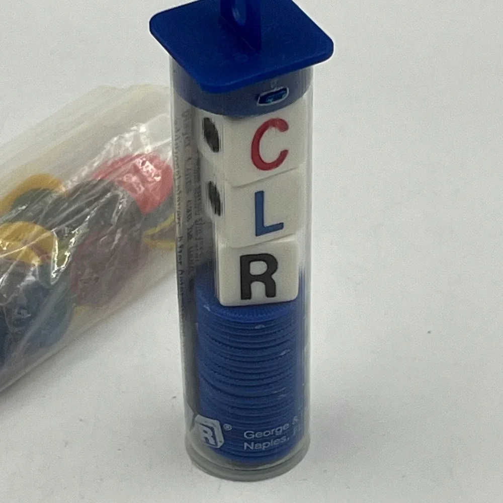 LCR Left Center Right Dice Game Blue Tube w Instructions Extra Multi-Color Chips